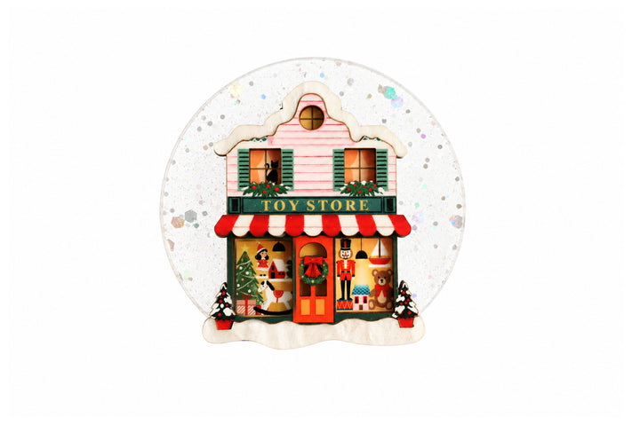 Toy shop snow globe brooch by LaliBlue: Christmas jewelry, vintage toy shop, toys, snow globe, illustrated wood, acrylic jewelry, pre-order