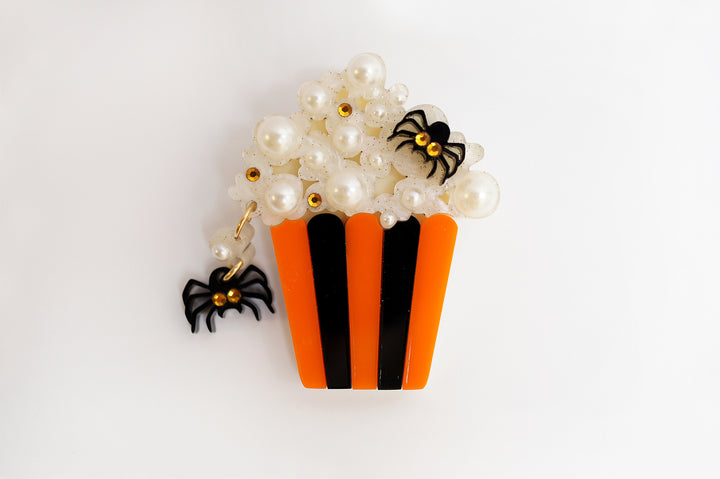 Layered acrylic Halloween popcorn brooch set — spooky cinema snack jewelry — LaliBlue Midnight Cinema