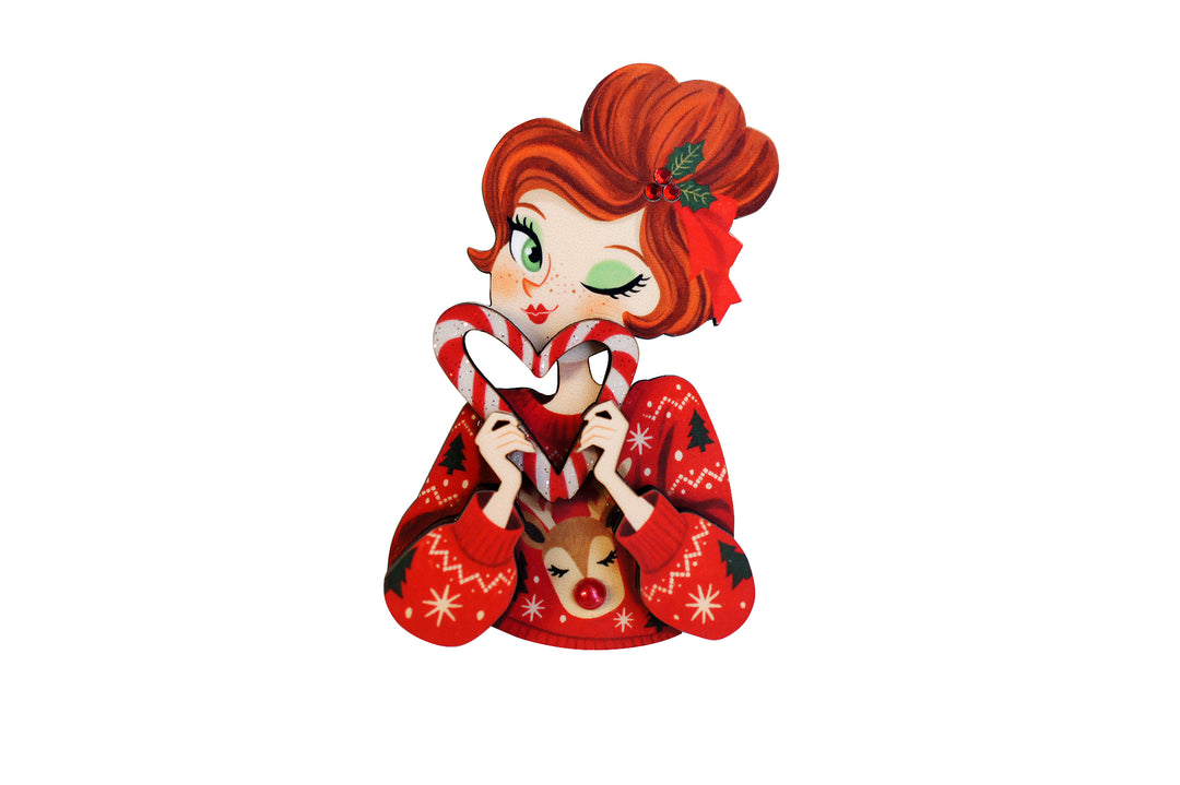 Candy cane girl brooch by LaliBlue: Christmas jewelry, winking redhead, reindeer sweater, candy cane heart, rhinestone, pin-up, illustrated wood, pre-order