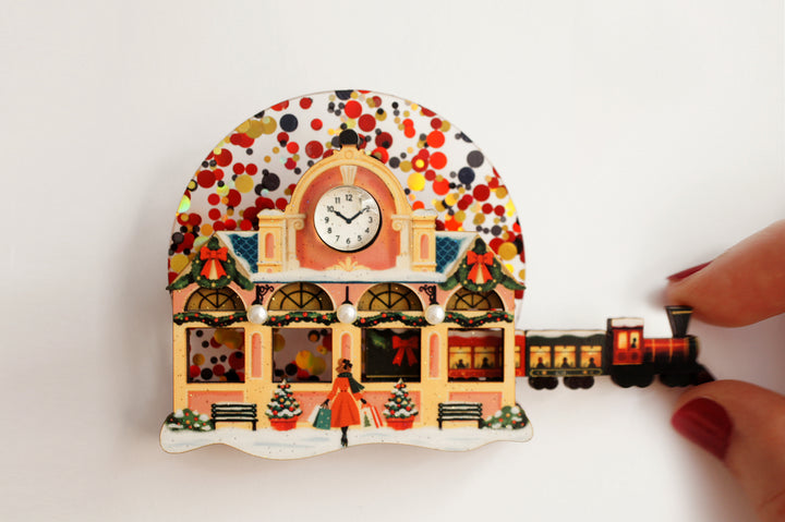 Christmas train station brooch layers, LaliBlue Christmas jewelry, illustrated wood