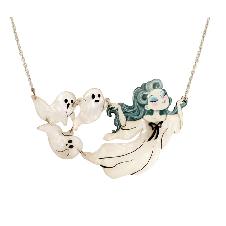 Ghost gang necklace with diva ghost girl leader and floating ghost crew — articulated Halloween jewelry — LaliBlue Midnight Cinema