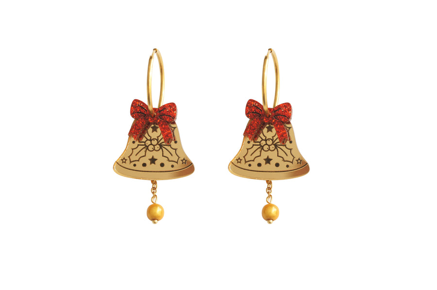 Gold Christmas bell earrings by LaliBlue: Christmas jewelry, bells, red glitter bow, holly, mirror acrylic, gold tone hoop earrings, pre-order