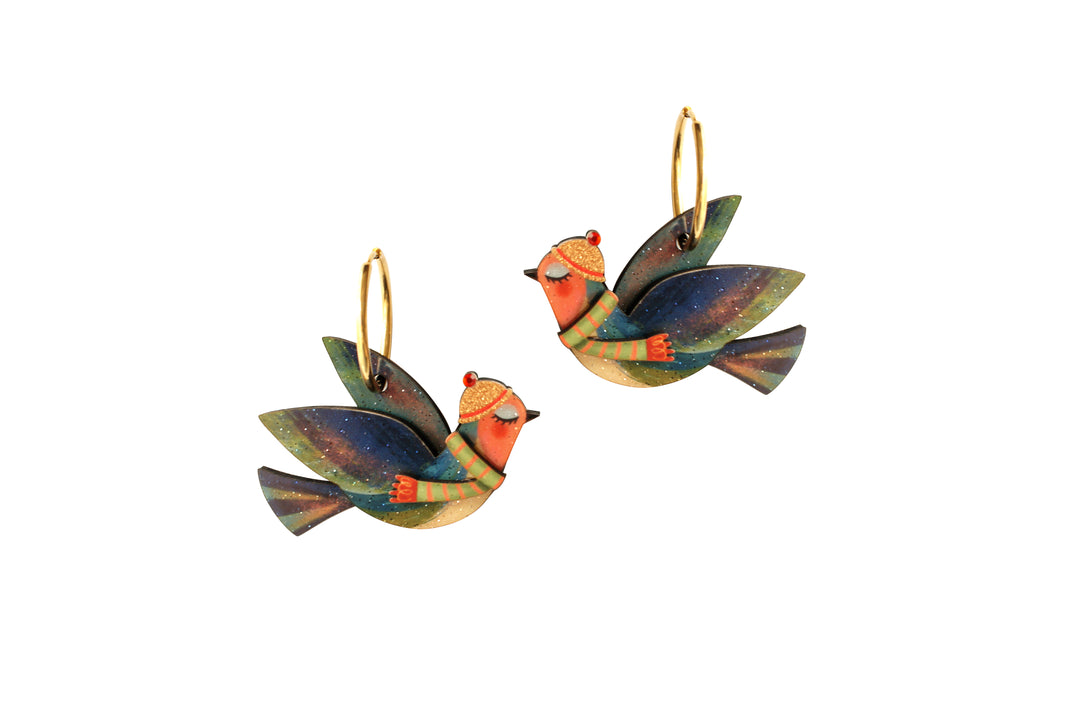 Winter birds earrings by LaliBlue: Christmas jewelry, birds in hats and scarves, winter, glitter, gold tone hoop earrings, illustrated wood, pre-order