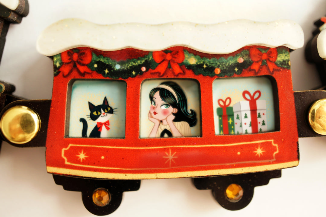 Christmas train cars with gifts, LaliBlue Christmas jewelry, articulated necklace