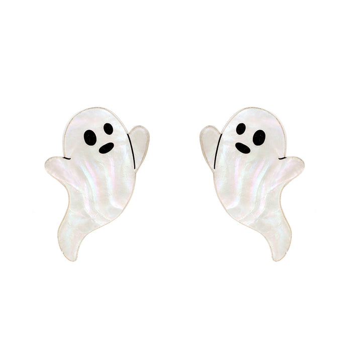 Pearlescent Halloween ghost drop earrings — acrylic spooky novelty jewelry — LaliBlue Midnight Cinema