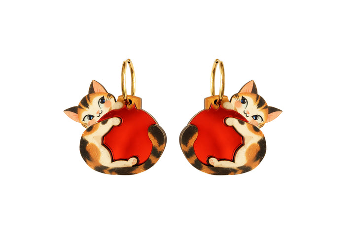 Kitten with red Christmas ornament hoop earrings by LaliBlue: Christmas jewelry, cat earrings, kitten, Christmas ornament, mirror acrylic, illustrated wood, pre-order