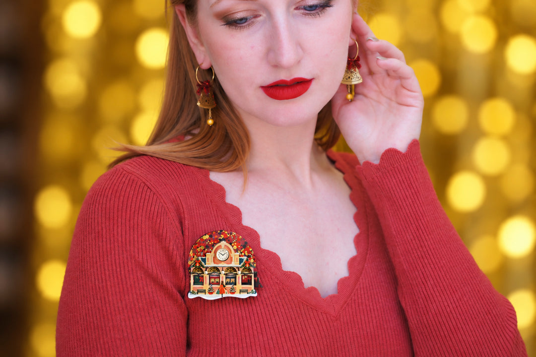 Christmas train station brooch back with locking pin, LaliBlue Christmas jewelry