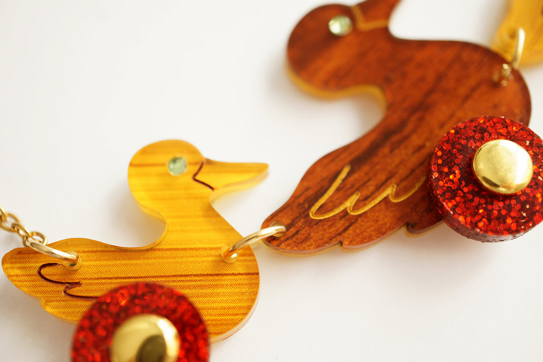 Ducks on wheels necklace worn, LaliBlue Christmas jewelry, retro