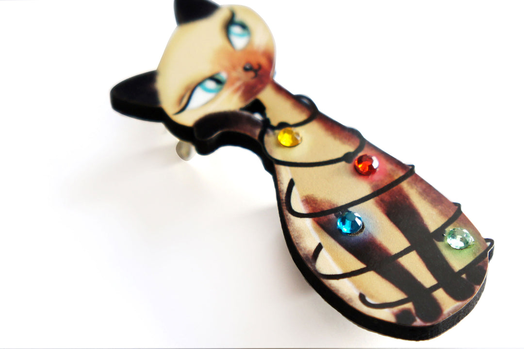 Siamese Cat with Christmas Lights Brooch