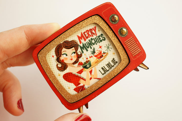 Merry Munchies brooch worn, LaliBlue Christmas jewelry, 1950s