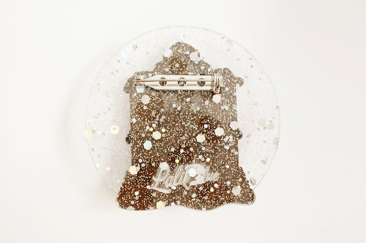 Toy shop snow globe brooch scale view, LaliBlue Christmas jewelry, pre-order