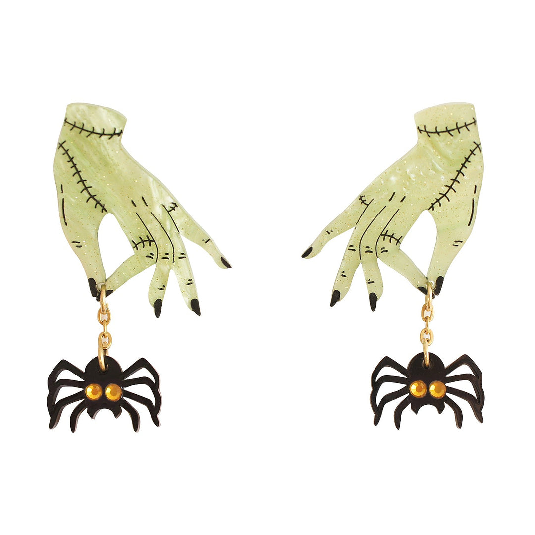 Zombie hands and spider Halloween drop earrings — acrylic horror statement jewelry — LaliBlue Midnight Cinema