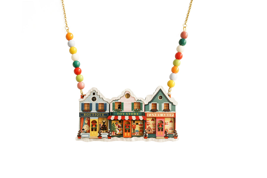 Christmas street necklace by LaliBlue: Christmas jewelry, vintage shops, boutique, toy shop, sweet shop, statement necklace, illustrated wood, pre-order