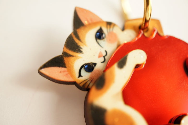 Kitten with Christmas ornament earrings, LaliBlue Christmas jewelry, cat, hoop earrings, illustrated wood
