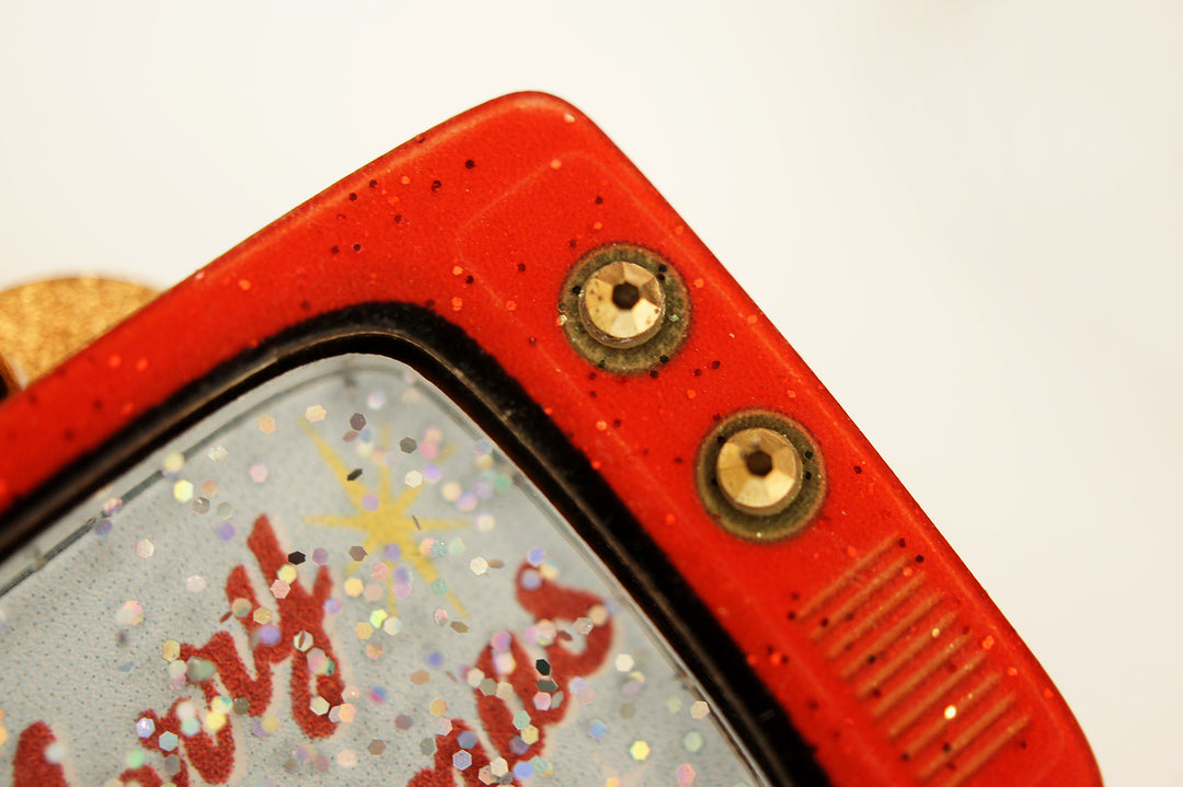 Retro Christmas TV earrings close up, LaliBlue Christmas jewelry, glitter acrylic