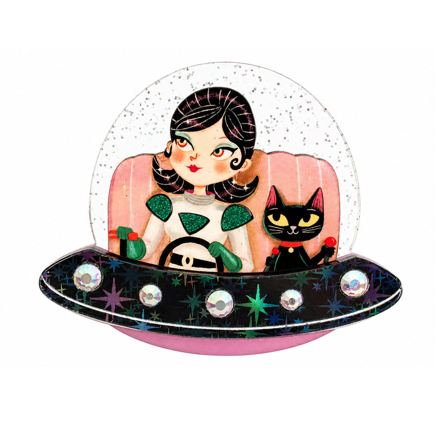 UFO Girl and Space Cat Brooch by Laliblue | Space Adventures Collection
