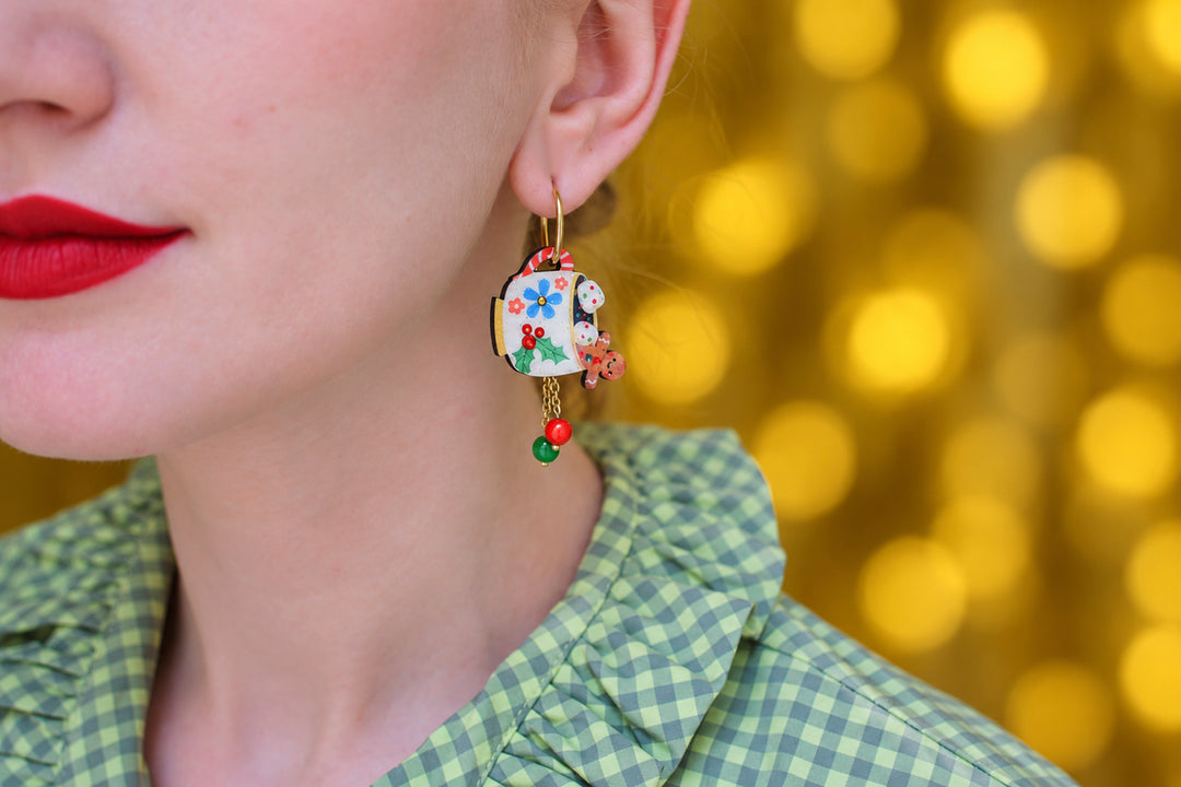 Christmas mug earring close up, LaliBlue Christmas jewelry, mug, rhinestone, acrylic beads