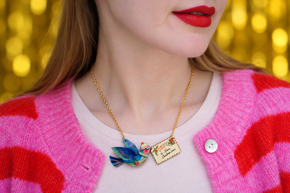 Christmas letter swallow necklace detail, LaliBlue Christmas jewelry, swallow, letter