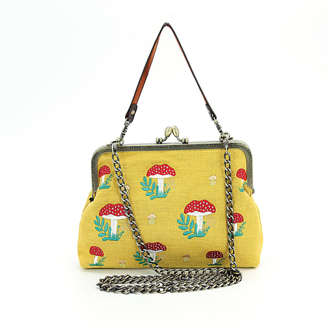 Mushrooms Kisslock Frame Handbag in Cotton: Black