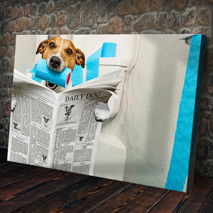 Dog Reading Newspaper On Toilet Canvas Wall Art