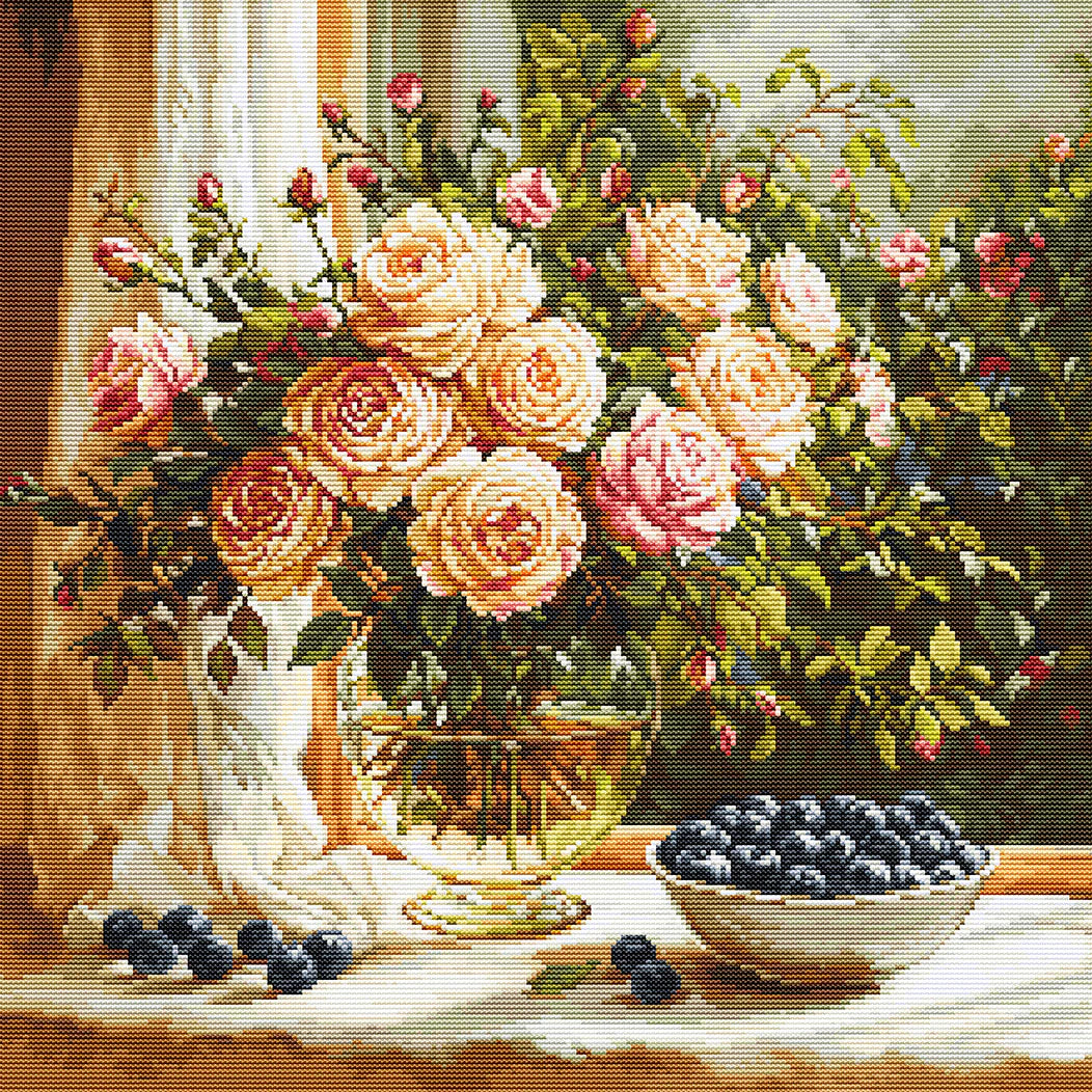 Vase with Roses and Blueberries Counted Cross-Stitch Kit by Luca-S B719L