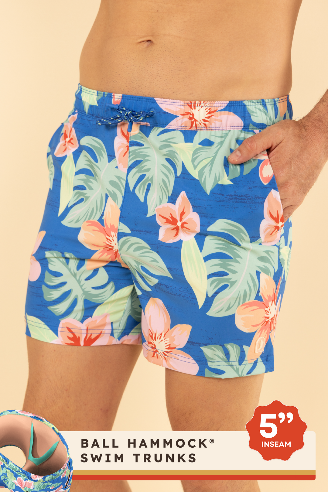 The Boardwalk | Blue and Orange Tropical Ball Hammock® Pouch 5" Swim Trunks