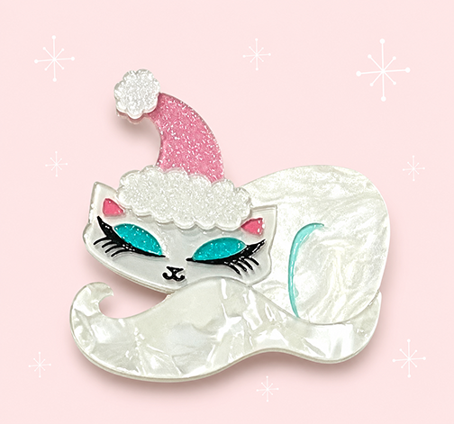 Christmas Cat Nap Brooch by Miss Fluff x Lipstick & Chrome — Cozy Holiday Kitty lightweight Pin