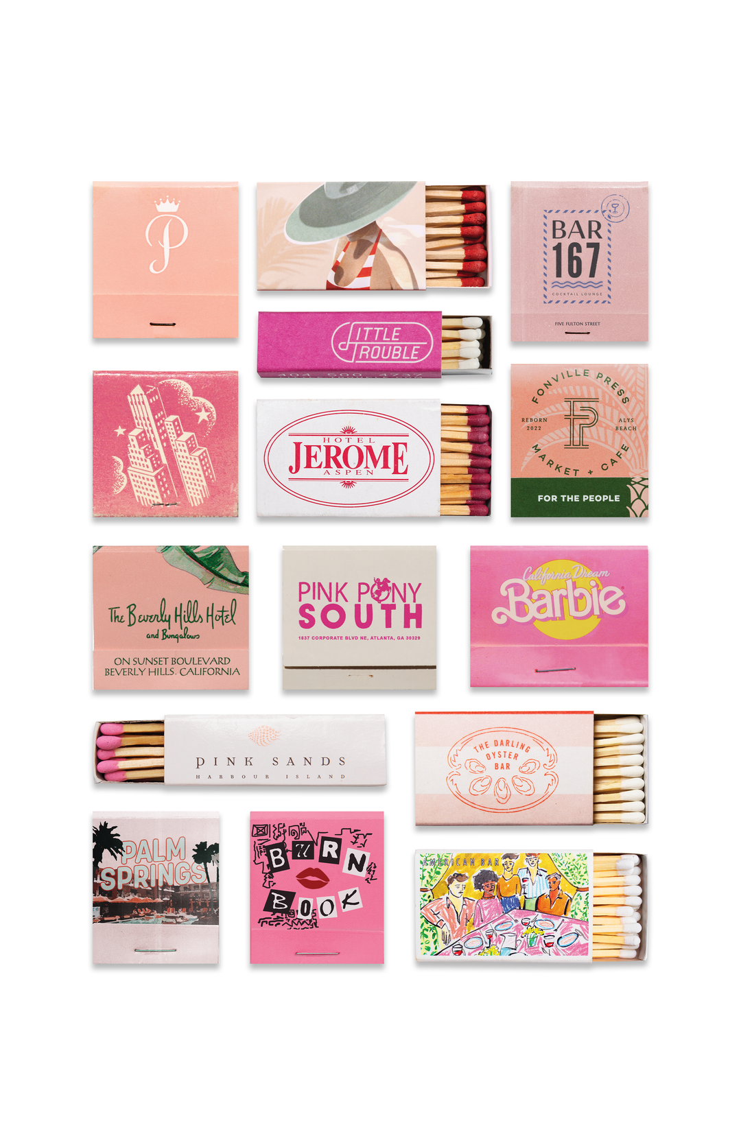 Collection of pink matchboxes with various designs and text on a white background