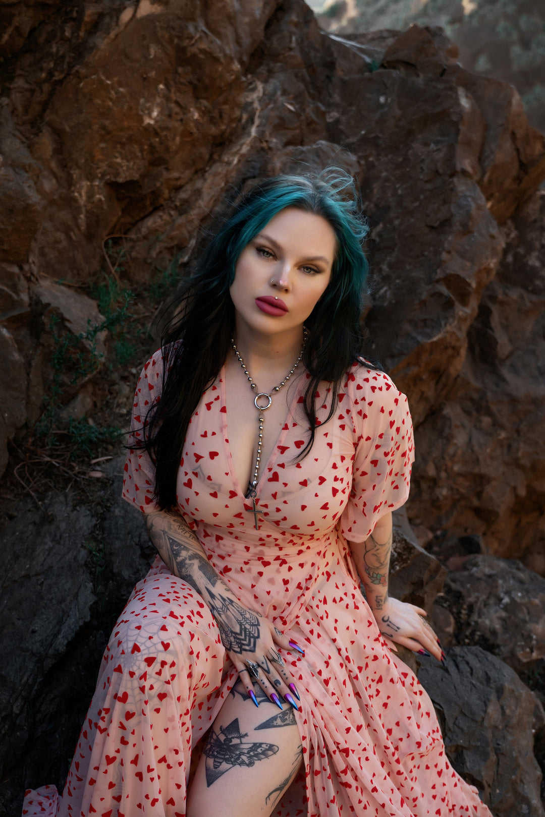 Lydia Wrap Dress in Pink Queen of Hearts flocked mesh