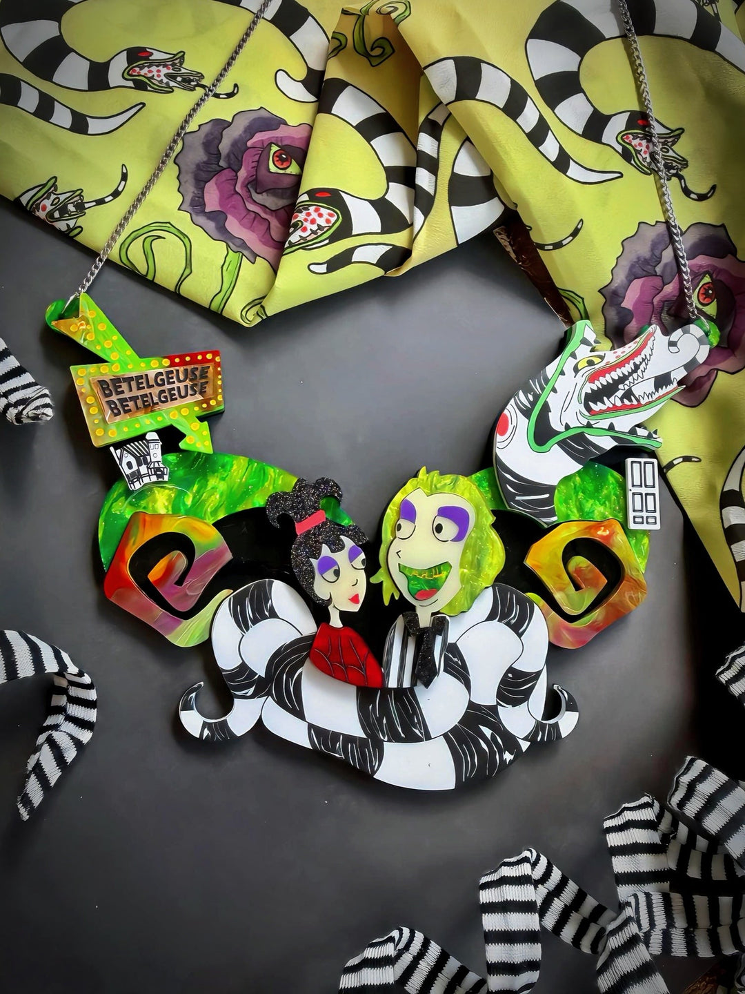 Beetlejuice Statement Necklace - Striped Suit Ghost Halloween Statement Jewelry