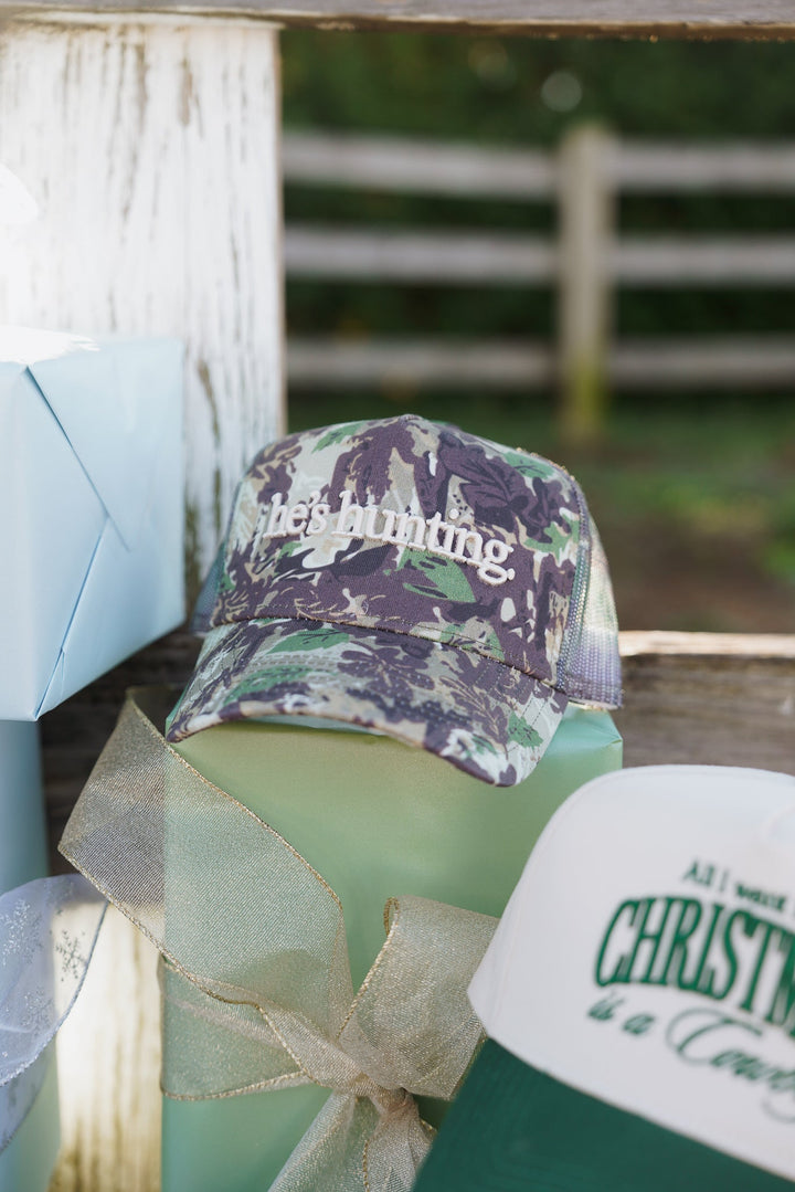 He's Hunting - Camo Vintage Trucker Hat