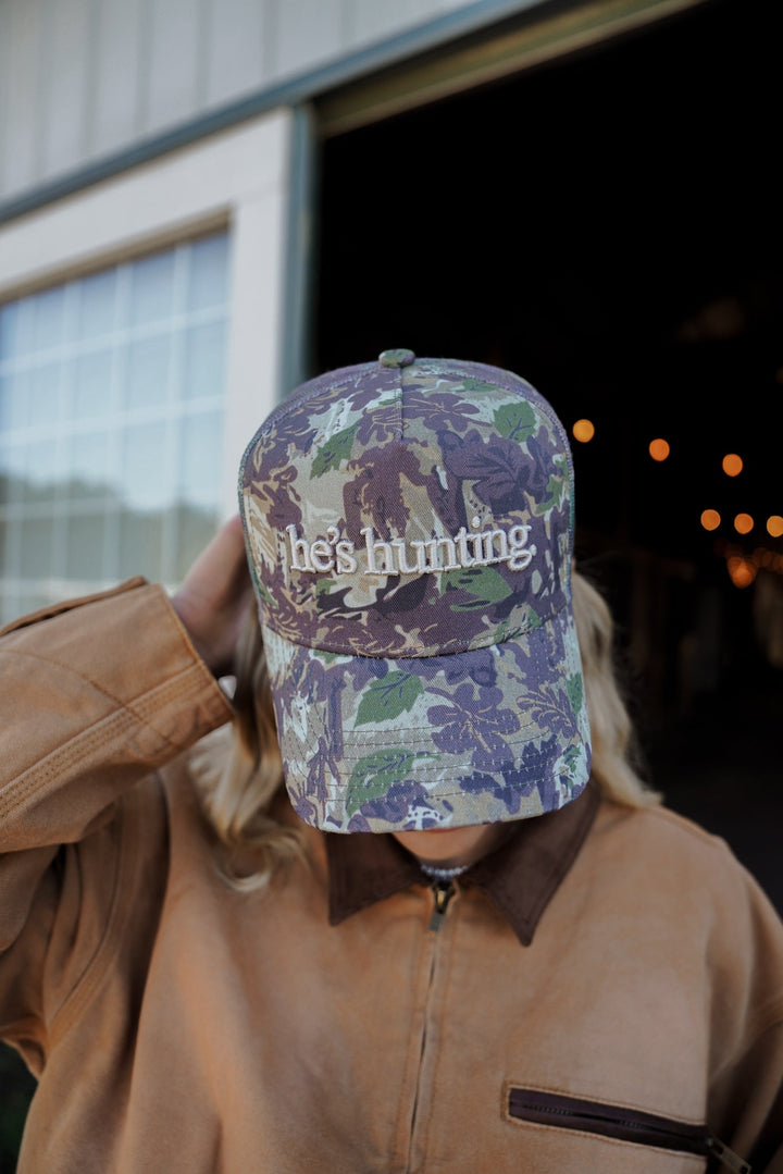 He's Hunting - Camo Vintage Trucker Hat