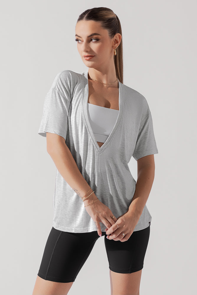 Daring Deep V Tee - Heather Grey