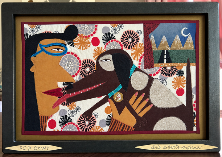 Chris Roberts-Antieau Dog Germs 2019 Original Fabric Applique Folk Art Framed