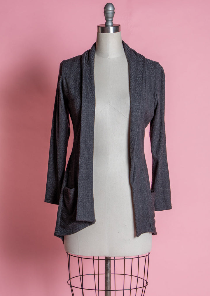 Dreamy Duster -  Pointelle Cable Knit, Heathered Black