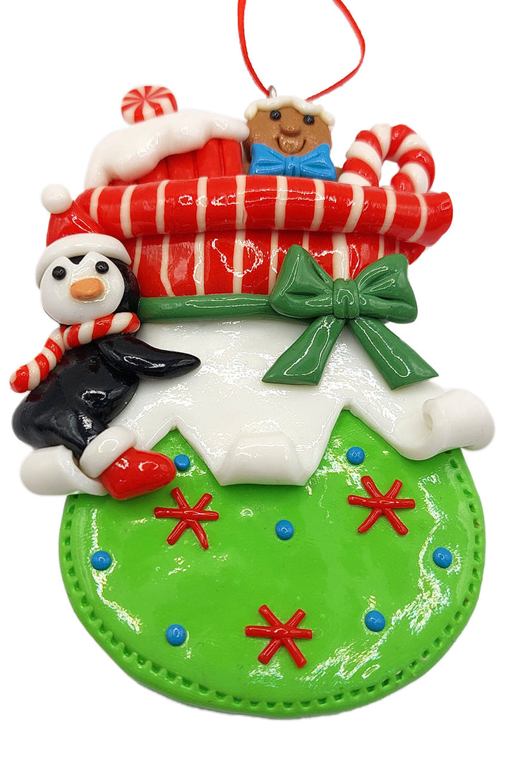 Christmas Ornament - Glossy Gingerbread Gift Bag with Penguin. Wizardi Festive Decoration F07-N2-11-AA440B