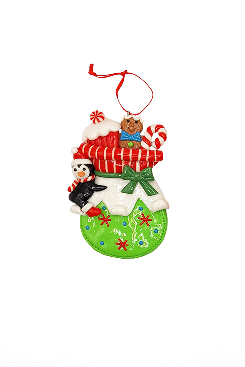 Christmas Ornament - Glossy Gingerbread Gift Bag with Penguin. Wizardi Festive Decoration F07-N2-11-AA440B