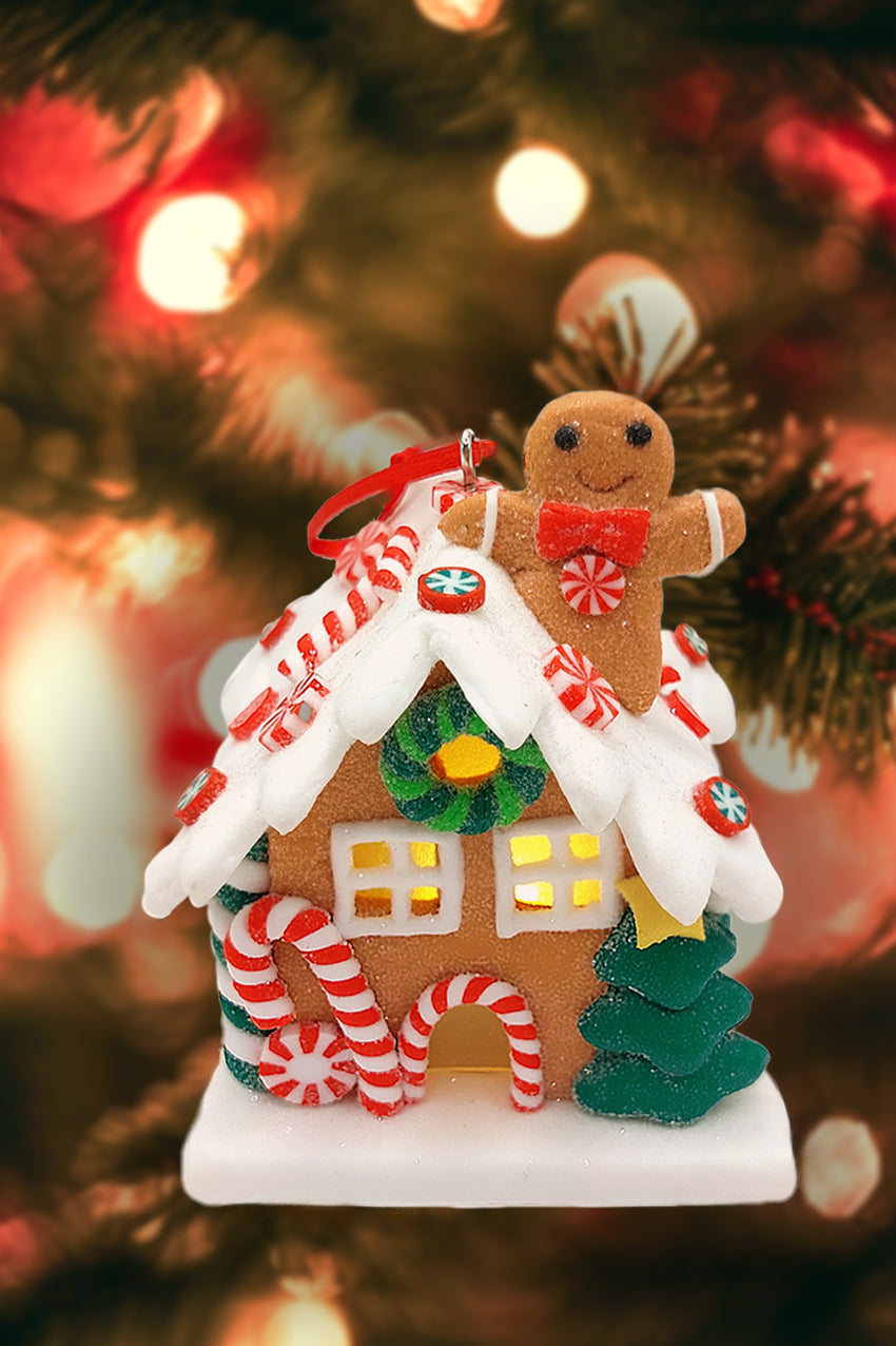 Christmas Ornament - Gingerbread Snow House with Gingerbread Man. Wizardi Festive Decoration F07-N2-18-EE403B