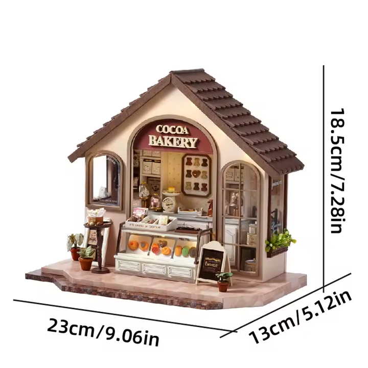 Cocoa Bakery Dollhouse Kit - Miniature Wizardi Roombox Kit with LED Light F07M51-57-DA-005-A
