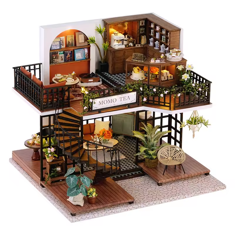 Forest Teashop Dollhouse Kit - Miniature Wizardi Roombox Kit with LED Light F07M51-68-LV-001-A