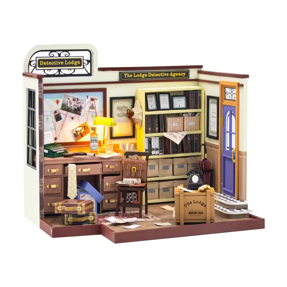 Detective Lodge Dollhouse Kit - Miniature Wizardi Roombox Kit with LED Light F07M51-82-PC2308