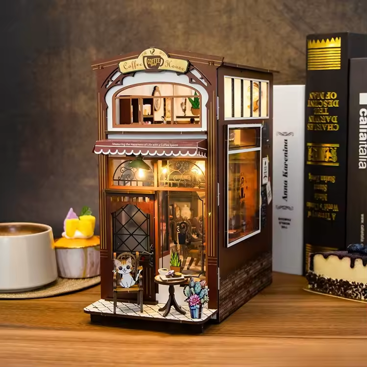 Coffee House Dollhouse Kit - Miniature Wizardi Roombox Kit with LED Light F07M51-84-M2411