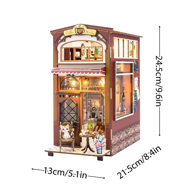 Coffee House Dollhouse Kit - Miniature Wizardi Roombox Kit with LED Light F07M51-84-M2411