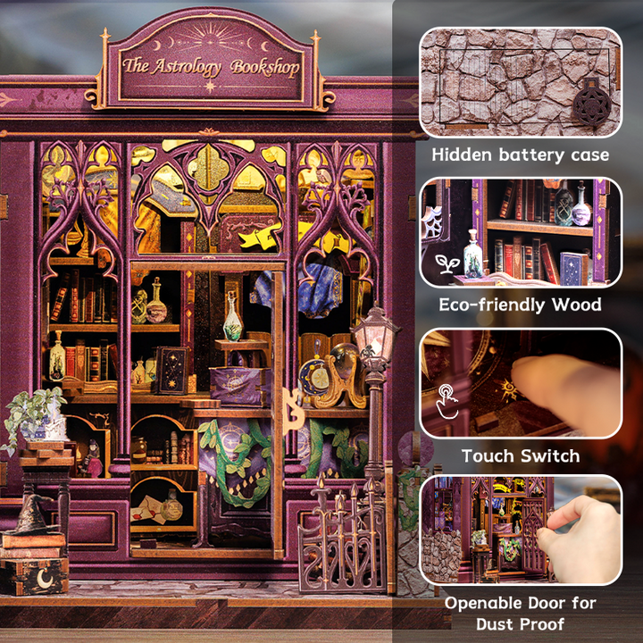 The Astrology Bookshop Dollhouse Kit - Miniature Wizardi Roombox Kit with LED Light F07M51-87-CWGC202