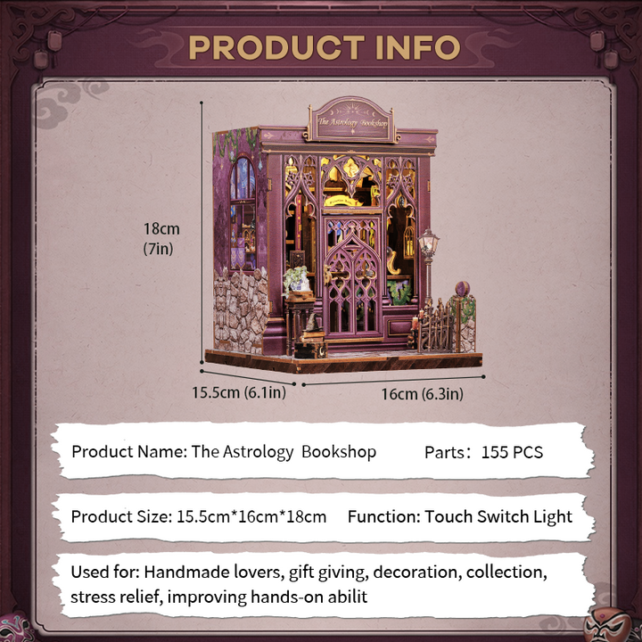 The Astrology Bookshop Dollhouse Kit - Miniature Wizardi Roombox Kit with LED Light F07M51-87-CWGC202
