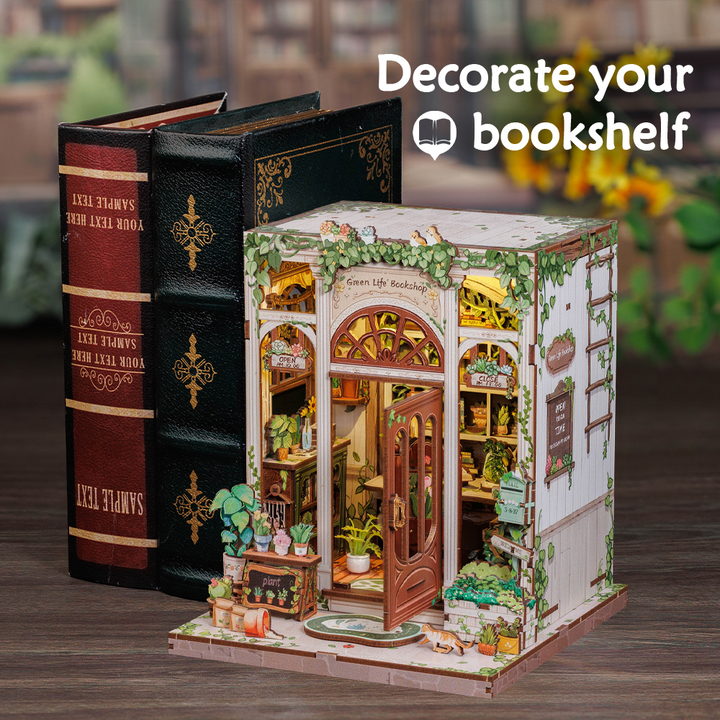Green Life Bookshop Dollhouse Kit - Miniature Wizardi Roombox Kit with LED Light F07M51-88-CWGC203
