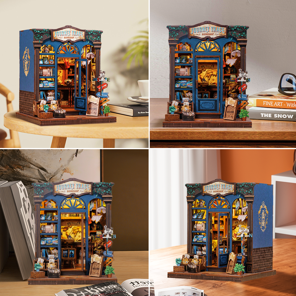 Journey Trace Bookshop Dollhouse Kit - Miniature Wizardi Roombox Kit with LED Light F07M51-89-CWGC204