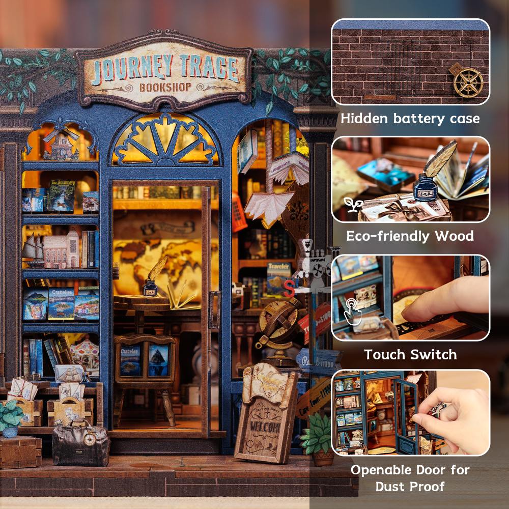 Journey Trace Bookshop Dollhouse Kit - Miniature Wizardi Roombox Kit with LED Light F07M51-89-CWGC204