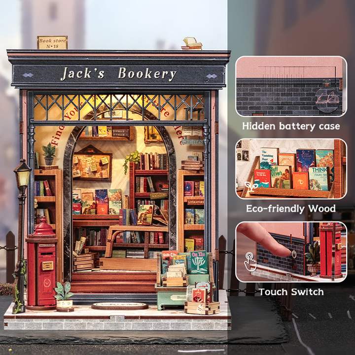 Jack's Bookery Dollhouse Kit - Miniature Wizardi Roombox Kit with LED Light F07M51-91-CWGC209