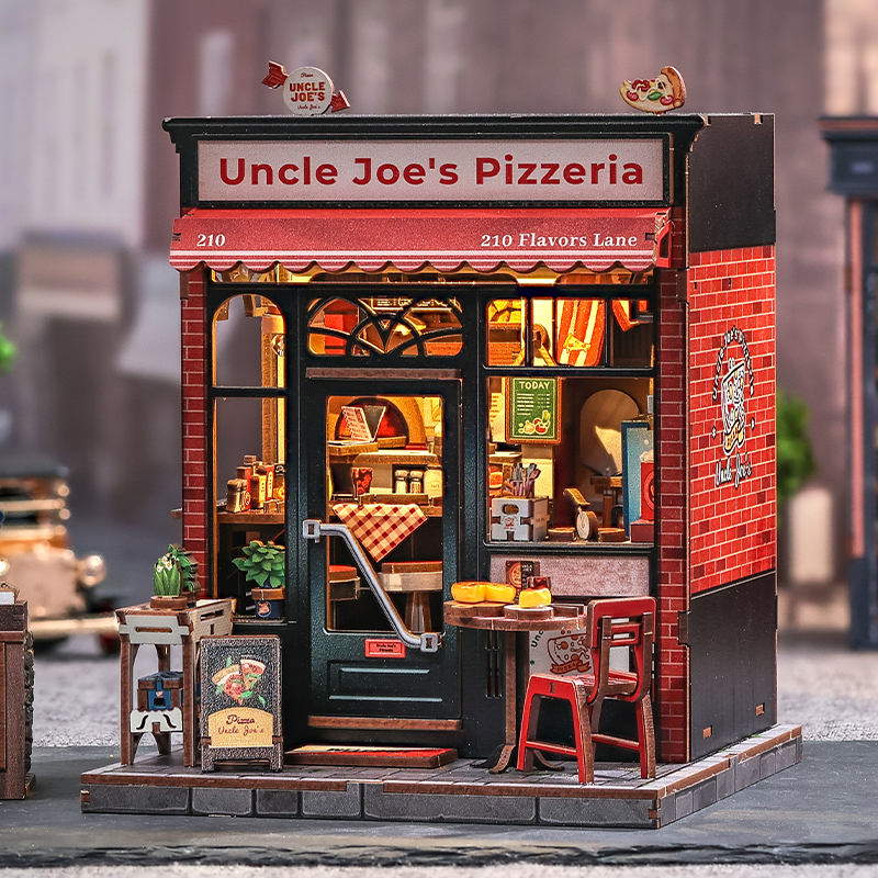 Uncle Joe's Pizzeria Dollhouse Kit - Miniature Wizardi Roombox Kit with LED Light F07M51-92-CWGC210